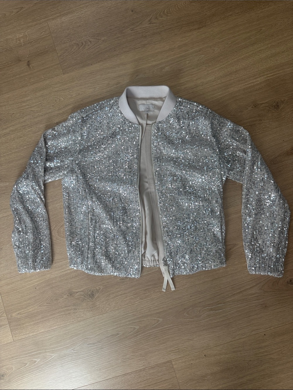 Silver Cream Sequin Bomber Jacket - Women's Shimmer Coat LOFT